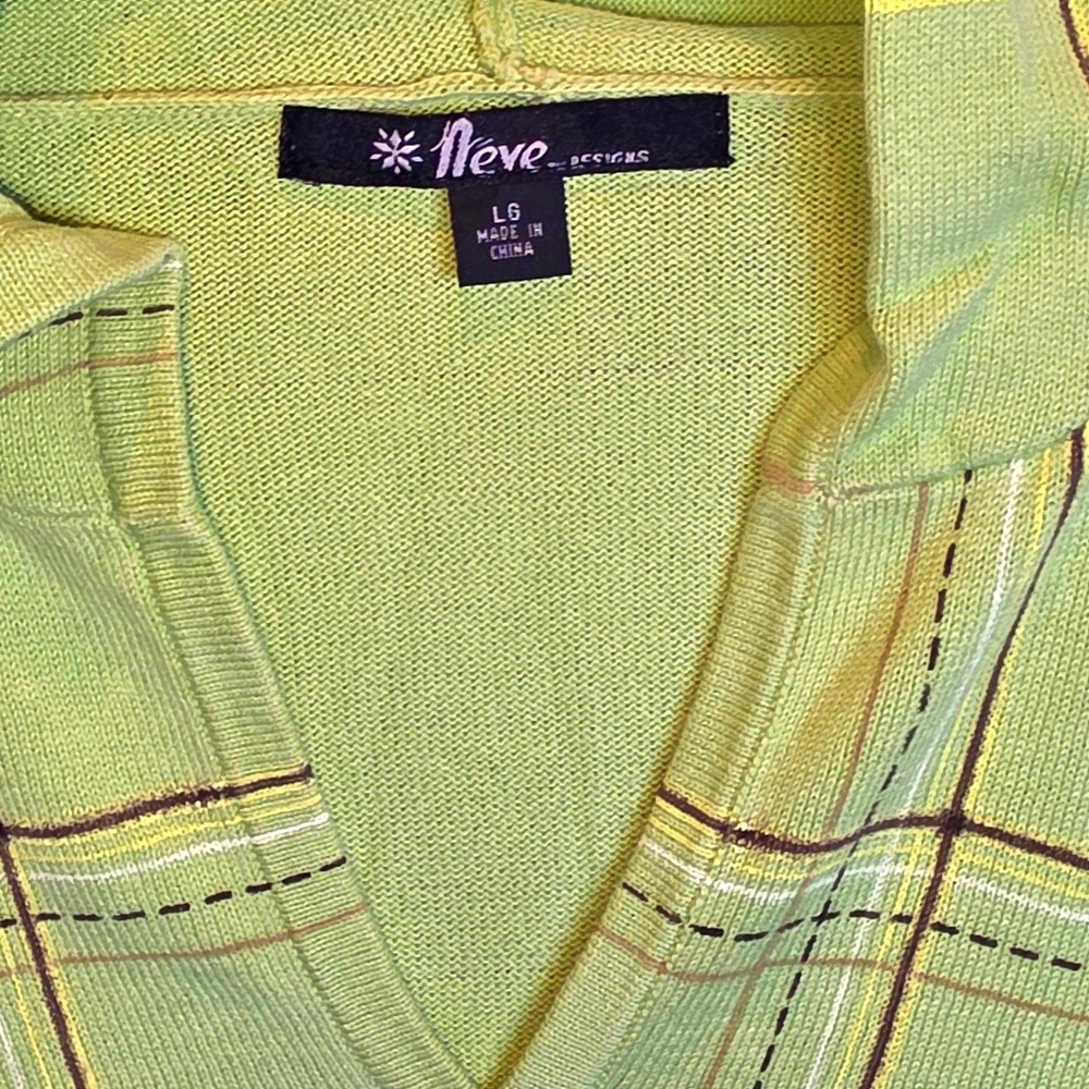 VTG Neve Designs Hoodie Sweater Pullover Womens Large Light Green Plaid V-Neck - Picture 4 of 9